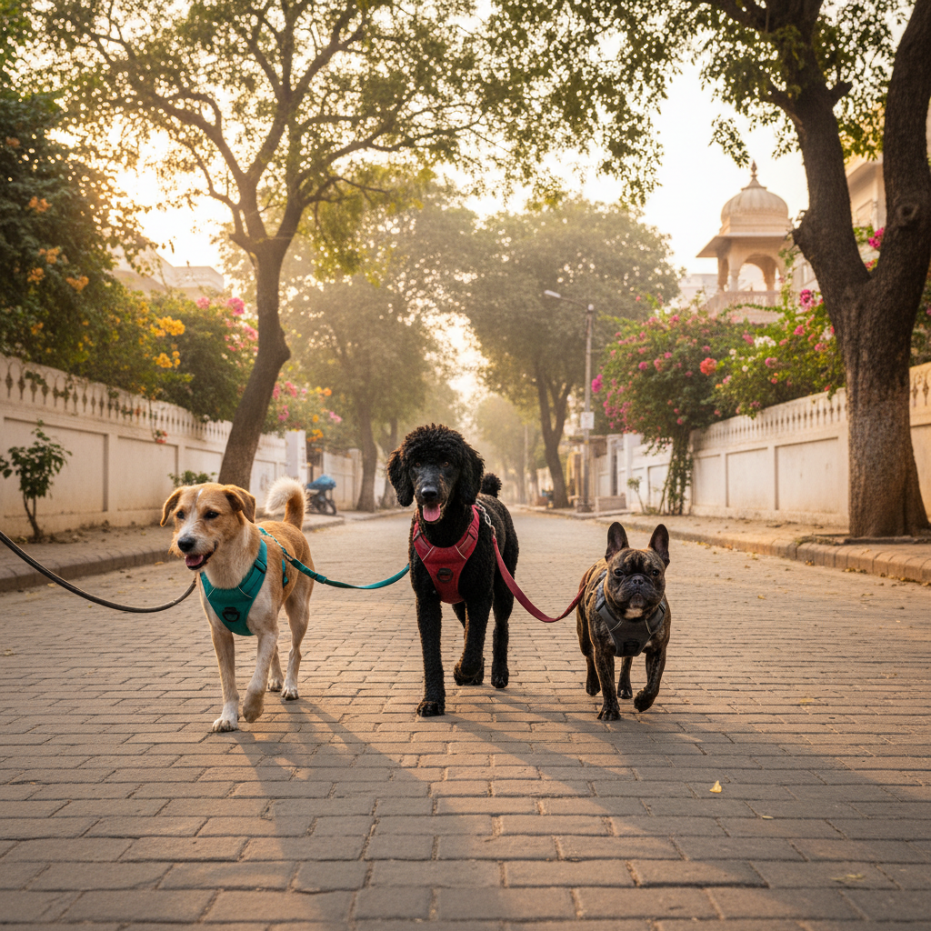 A small pack of three dogs of different breeds, including a mixed-breed Indie, walking in sync along a clean, tree-lined residential street in Udaipur, wearing well-fitted, comfortable harnesses and sturdy leashes attached to a point just outside the frame. The street is quiet and safe, bordered by low boundary walls and flowering plants. Early morning golden light washes over the scene, casting long, soft shadows and creating a fresh, calm atmosphere. Photographic realism, captured from a slightly low, side-on angle at dog height, emphasizes their relaxed body language and confident gait. The composition follows the rule of thirds, with the dogs leading into the frame, visually expressing reliable, professional dog walking and pack harmony without showing any human figures.