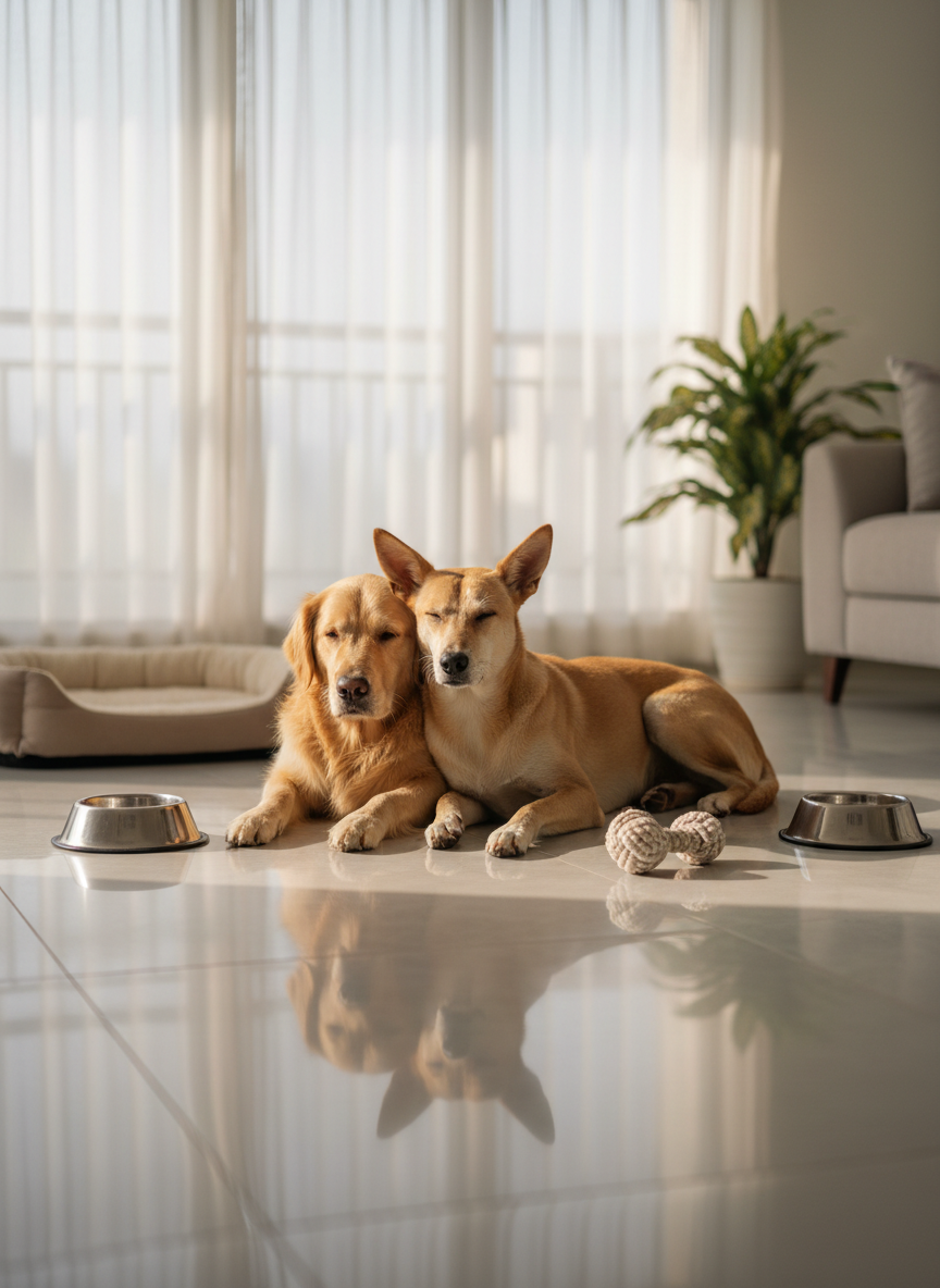 A well-groomed golden retriever and a calm Indian pariah dog (Indie) relax together on a spotless, light gray tiled floor in a modern Udaipur apartment living room. Their fur looks clean and healthy, with subtle detail in every strand. Around them are neatly arranged stainless steel water bowls, a soft orthopedic dog bed, and a couple of durable chew toys. Soft afternoon sunlight filters through a large window with sheer white curtains, creating gentle highlights on the dogs’ coats and faint shadows on the floor. Photographic realism, shot at eye level with a shallow depth of field, keeps the two dogs in crisp focus while the background softly blurs, creating a professional, trustworthy, and warmly inviting mood suited for a premium pet care service.