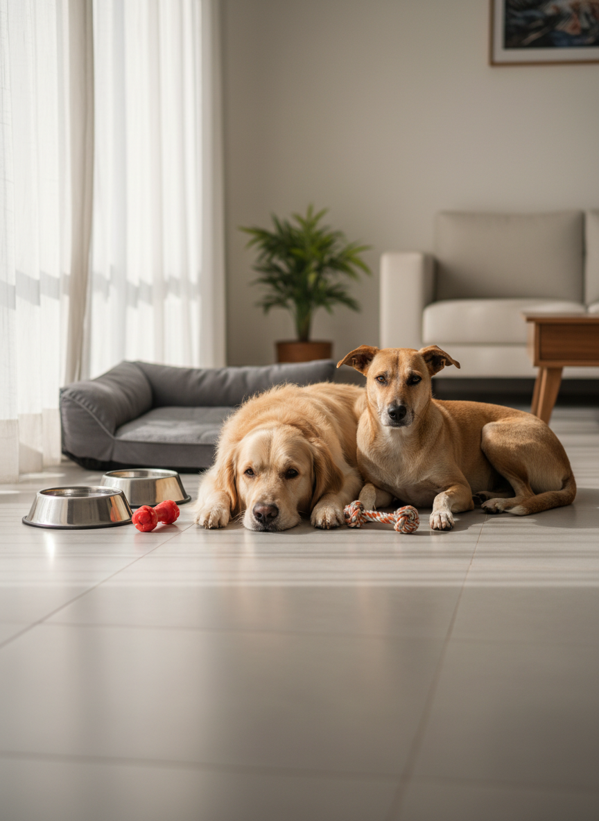 A well-groomed golden retriever and a calm Indian pariah dog (Indie) relax together on a spotless, light gray tiled floor in a modern Udaipur apartment living room. Their fur looks clean and healthy, with subtle detail in every strand. Around them are neatly arranged stainless steel water bowls, a soft orthopedic dog bed, and a couple of durable chew toys. Soft afternoon sunlight filters through a large window with sheer white curtains, creating gentle highlights on the dogs’ coats and faint shadows on the floor. Photographic realism, shot at eye level with a shallow depth of field, keeps the two dogs in crisp focus while the background softly blurs, creating a professional, trustworthy, and warmly inviting mood suited for a premium pet care service.