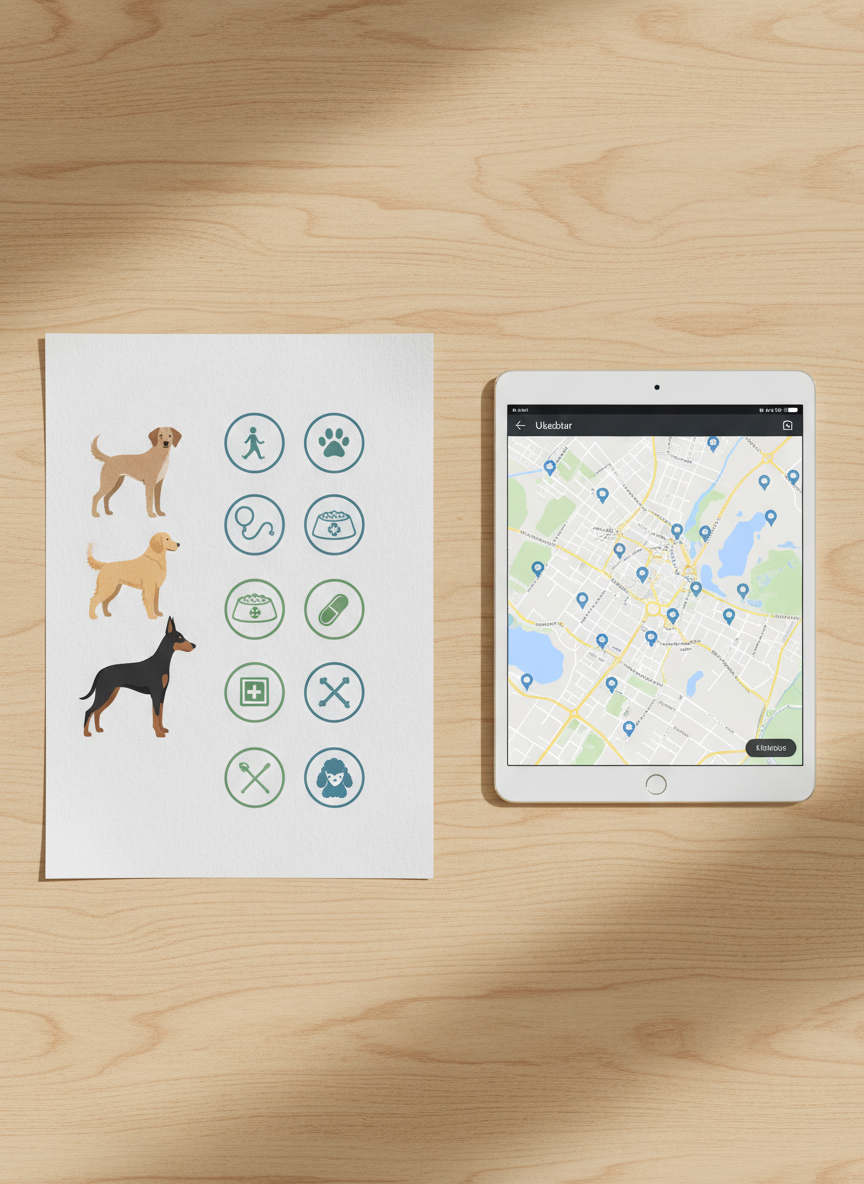 A tidy, modern pet care checklist layout arranged on a smooth wooden table, with illustrated icons of dogs of various breeds including an Indie, next to clear symbols for walking, feeding, medication, and playtime. Beside the checklist lies a digital tablet displaying a map of Udaipur with subtle paw-print markers in residential areas, suggesting wide service coverage. Soft, diffused daylight from an unseen window illuminates the scene, creating minimal reflections and soft-edged shadows. Photographic realism with a top-down, flat-lay composition ensures every item is sharp and legible. The color palette is professional and calming, with muted blues, warm wood tones, and gentle accents of green. The atmosphere feels organized, trustworthy, and efficient, ideal for a business-focused section describing structured, reliable pet care services.