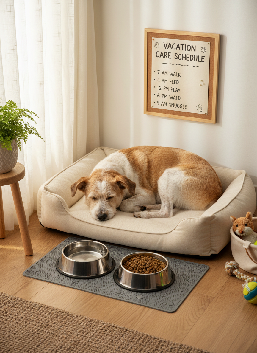 A cozy, sunlit corner of a home prepared for vacation pet care, featuring a medium-sized Indie dog contentedly curled up on a plush, neutral-toned dog bed beside a neatly arranged feeding station. Two stainless steel bowls, one filled with fresh water and the other with high-quality kibble, sit on a clean, non-slip mat. Nearby, a handwritten-feel care schedule is pinned to a small corkboard, with times and icons for walking, feeding, and play. Soft morning light streams through a nearby window, creating a gentle glow and subtle shadows. Photographic realism, shot from a slightly elevated angle with moderate depth of field, keeps all essential care elements in focus. The mood is secure, organized, and reassuring, conveying meticulous, professional vacation pet care at home.
