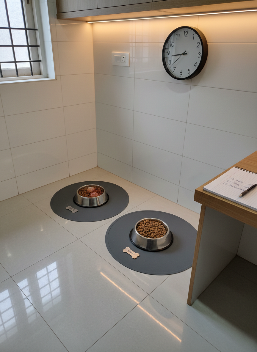 A neatly prepared indoor feeding visit setup in a compact Udaipur kitchen, showcasing a clean tiled floor with two separate feeding stations for different dogs, each labeled with a subtle name tag on the mat. One station holds a carefully portioned meal of kibble and wet food, the other features a sensitive-stomach formula, emphasizing customized care. A wall clock in the background indicates precise timing, and a small notepad with ticked checkboxes rests on the counter. Soft, overhead LED lighting and faint daylight from a small window combine to create clear, neutral illumination without harsh shadows. Photographic realism, shot from a slightly elevated three-quarter angle, captures all details clearly. The mood is methodical, hygienic, and professional, reinforcing reliable, on-time feeding visit services that respect each dog’s individual needs.