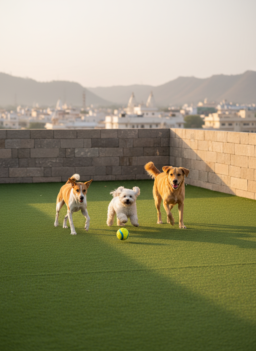 A spacious, securely enclosed rooftop terrace in Udaipur converted into a safe dog play area, with three dogs of different sizes including an Indie joyfully chasing a bright, durable ball across non-slip artificial grass. The surrounding parapet wall is high and solid, ensuring safety, and in the distance soft silhouettes of Udaipur’s buildings and low hills are visible. Late afternoon sunlight bathes the scene in a warm, golden tone, creating dynamic but gentle shadows behind the moving dogs. Photographic realism, captured with a slightly wide-angle lens at dog height, emphasizes motion while keeping the main subjects sharp and the background slightly blurred. The mood is energetic yet controlled, highlighting professional, safety-conscious outdoor play during pet care sessions.