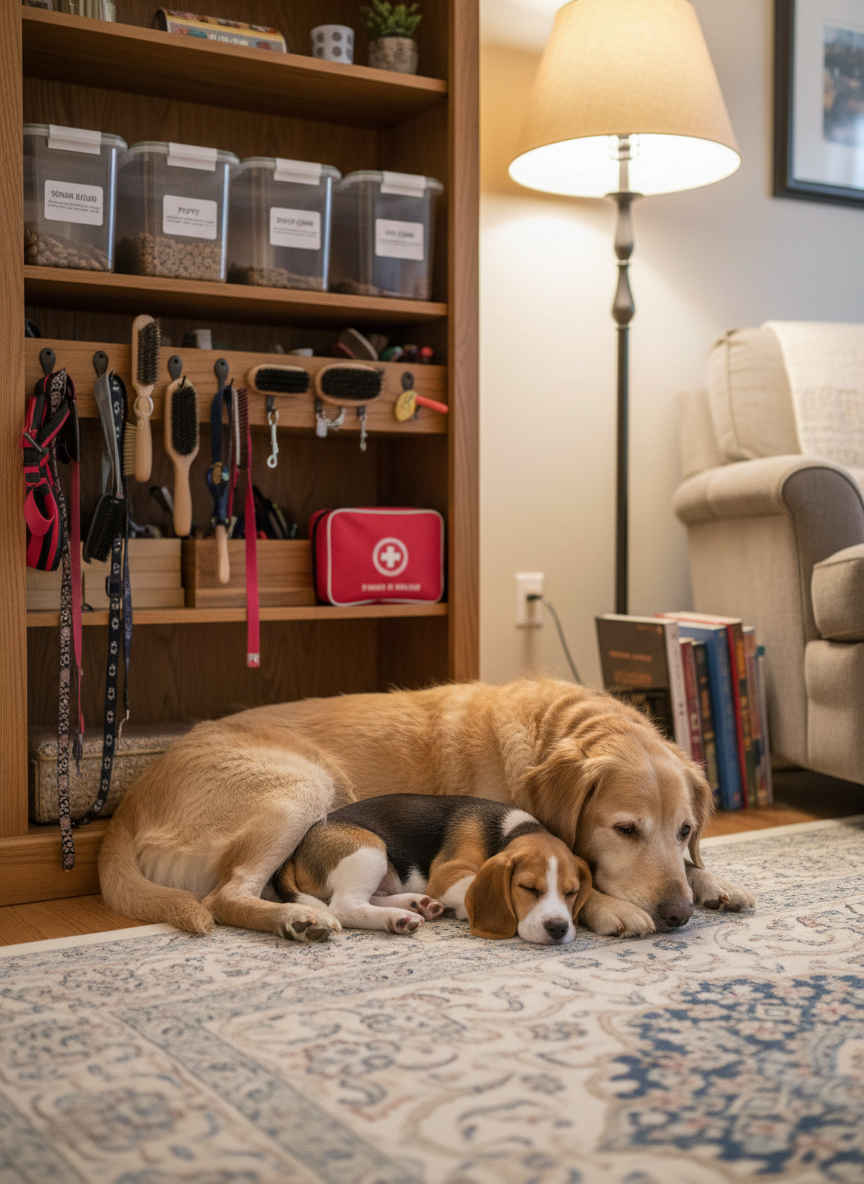 A relaxed senior dog with graying muzzle and a playful young puppy of a different breed rest together on a clean, patterned rug in a well-kept living room, symbolizing experience with dogs of all ages and temperaments. Behind them, shelves hold neatly arranged pet supplies: labeled food containers, grooming brushes, leashes, harnesses, and a first-aid kit. Warm, indirect evening lighting from a floor lamp and soft ceiling lights creates a cozy, reassuring glow with gentle shadows that add depth without harshness. Photographic realism, framed at eye level with a medium depth of field, keeps both dogs and nearby supplies in clear focus while subtly softening the background. The mood is compassionate, experienced, and professional, showing that pets remain safe, happy, and loved under careful, long-term care.